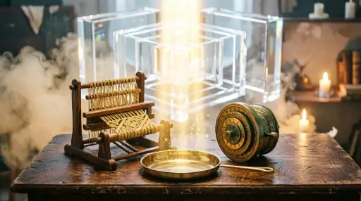 Wooden loom with golden threads, brass sifting pan, cipher wheel with infinite light patterns(AI-generated illustration)