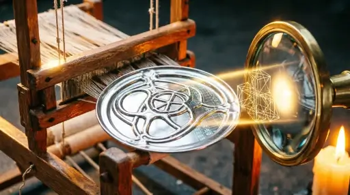 Wooden loom, silver plate with patterns, brass magnifier with light beam spreadsheets sharpen judgment (AI-generated illustration)