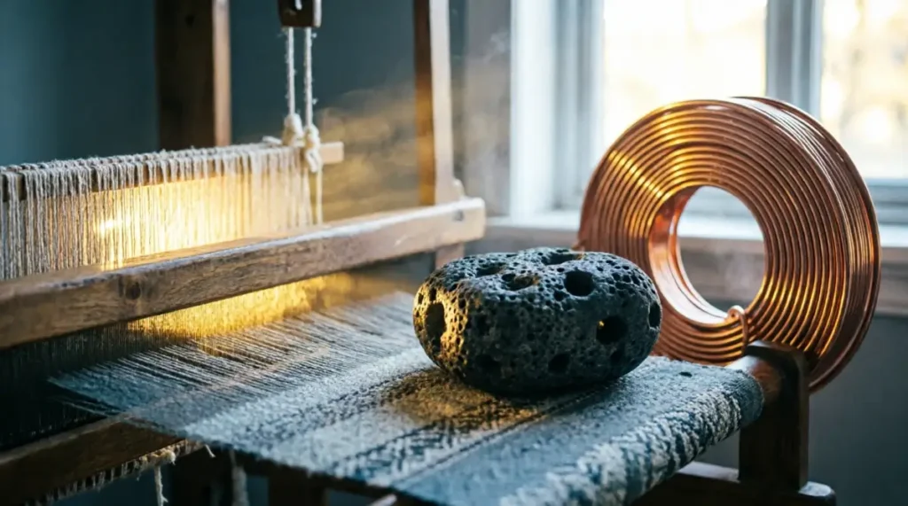 Wooden weaving loom with threads, porous stone, copper spiral coil, golden light beams from woven threads(AI-generated illustration)