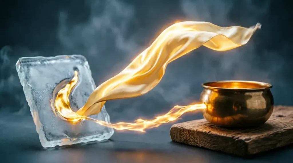 Silk ribbon with golden curves, glass slate with glowing grooves, bronze bowl with light (AI-generated illustration)