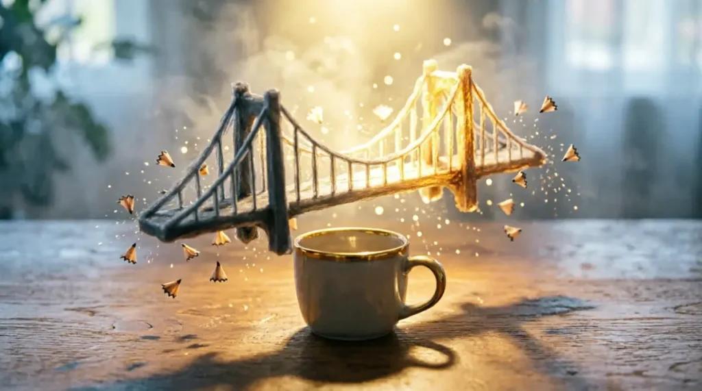 Roadmap, marks transforming into luminous golden bridge, dust suspended mid-air, mug casting golden-rimmed shadow(AI-generated illustration)