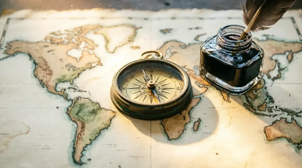Map with compass, warm light thread touching edge, ink ripple, hopeful transition (AI-generated illustration)