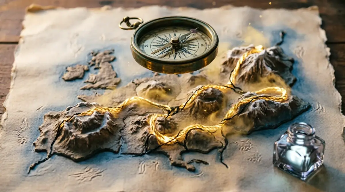Map terrain rising 3D, floating compass casting impossible shadow, golden threads weaving (AI-generated illustration)