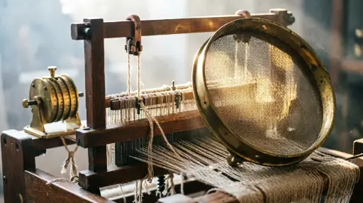 Geometric loom, brass sifting pan, cipher wheel on desk with golden light - data analysis method (AI-generated illustration)