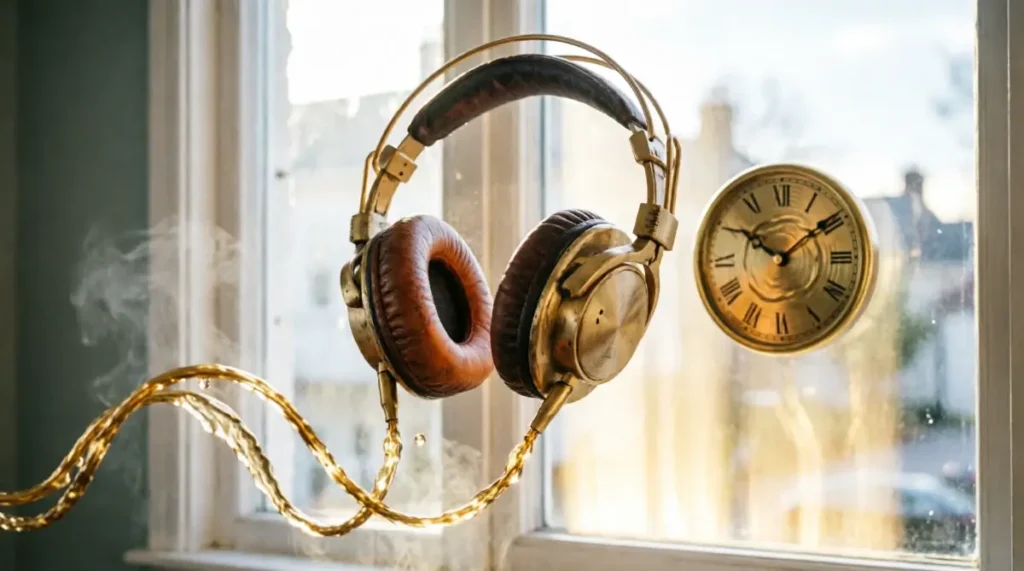 Dynamic headphones,motion-blurred cable, streaked window glass, brass clockrotating glowing rhythm patterns(AI-generated illustration)
