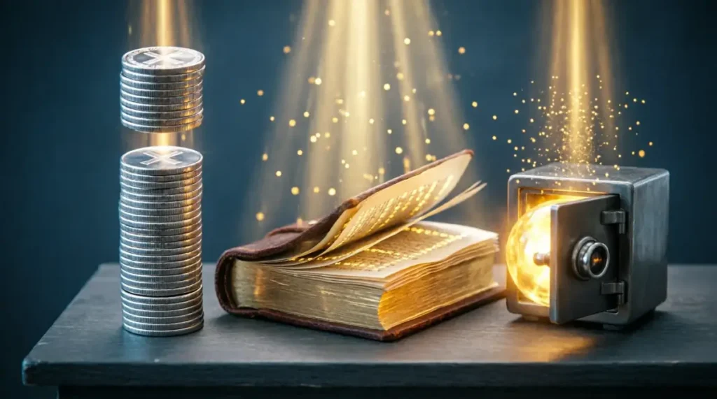Multiplying iron coins, overflowing ledger, radiant vault, golden light, notebook (AI-generated illustration)