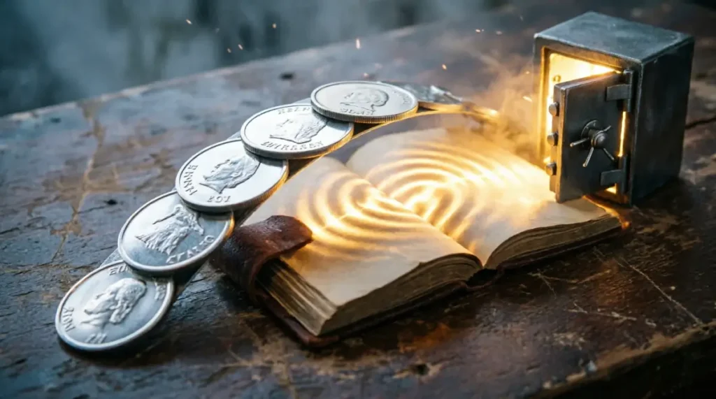 Multiplying iron coins, overflowing ledger, golden light , notebook,radiant vault (AI-generated illustration)