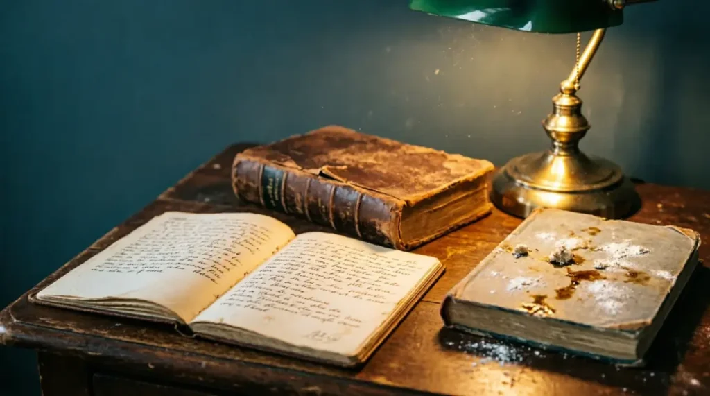 Open notebook, worn storybook, and stained recipe book arranged on wooden nightstand under brass banker's lamp(AI-generated illustration)