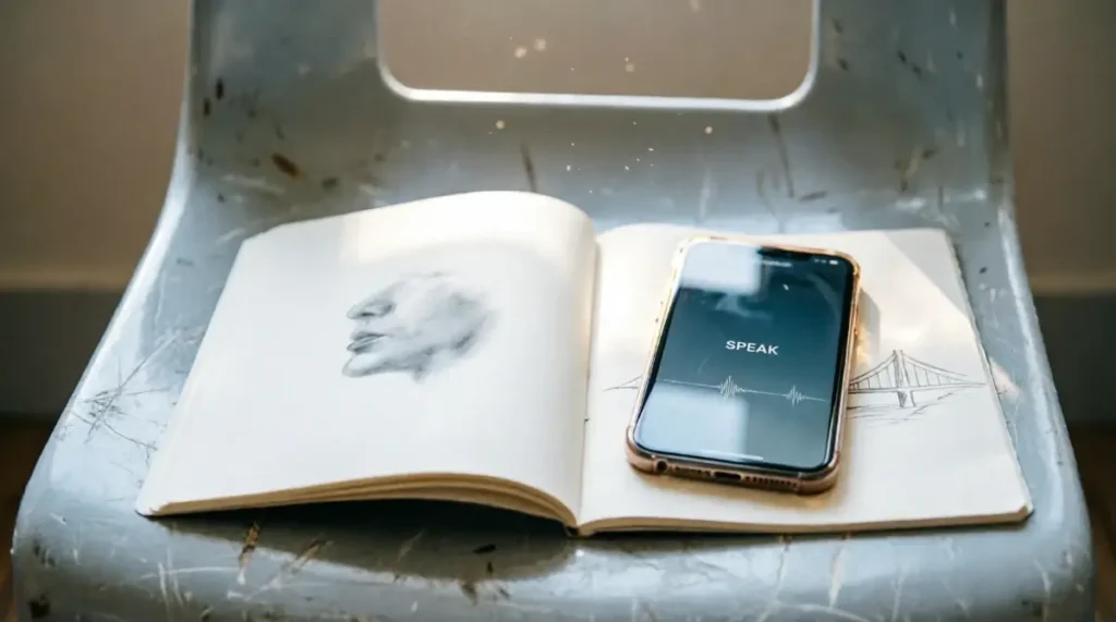 Practice notebook with single graphite breath-mark, smartphone displaying voice assistant "SPEAK" button, faint bridge sketch in margin (AI-generated illustration)