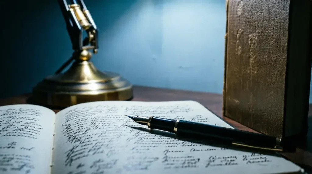 Open blank notebook with fountain pen resting on page, brass banker's lamp and worn leather book on wooden surface,light(AI-generated illustration)
