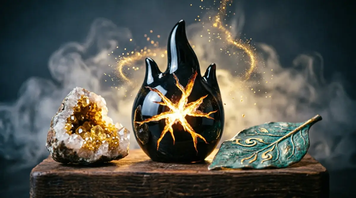 Obsidian vessel with golden seepage, quartz geode with crack, copper leaf with veins (AI-generated illustration)