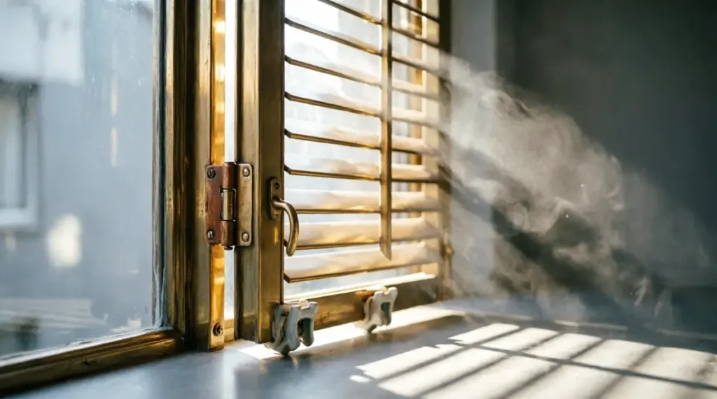 Open brass shutter with focused light beam, oiled hinge, aligned clamp showing solitude as strategic space for discipline (AI-generated illustration)