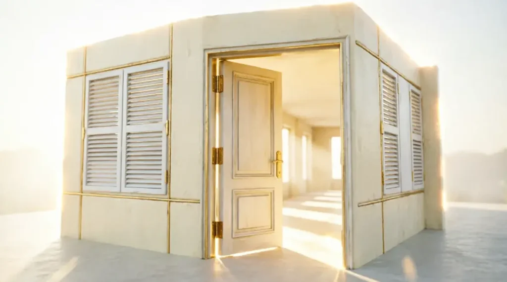 Open door with unified structure revealing sunlit room showing discipline system that outlasts motivation through restart (AI-generated illustration)