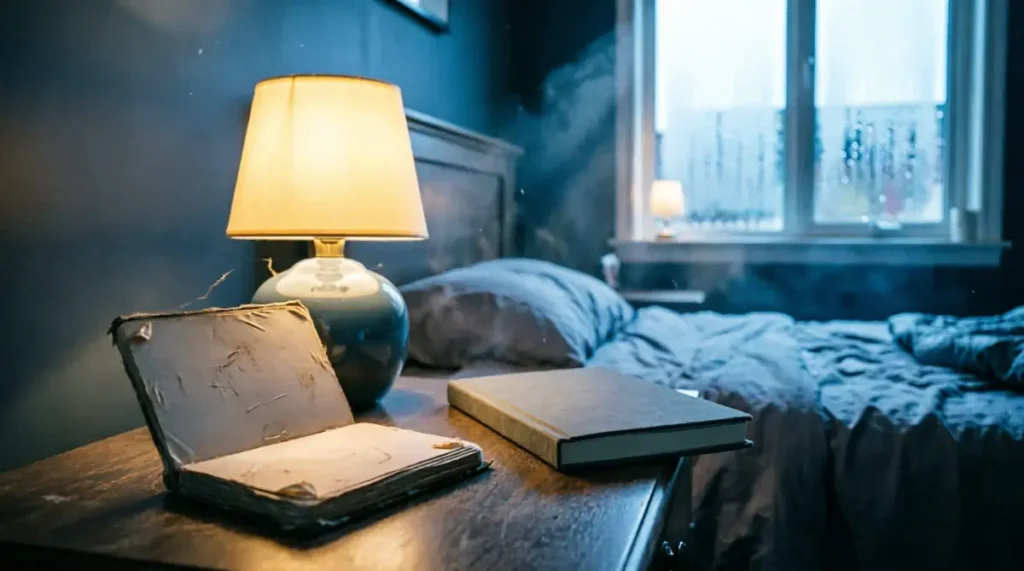 The Simplest Way to Review Vocabulary Without Burnout 5 Open book, closed journal, nightstand, warm lamp, cool pre-dawn window light (AI-generated illustration)