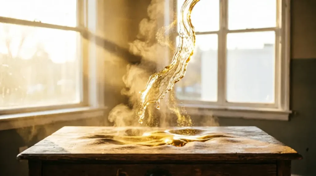 light forming organic golden waves flowing upward, empty desk with flowing golden glow, golden particles in organic pattern(AI-generated illustration)