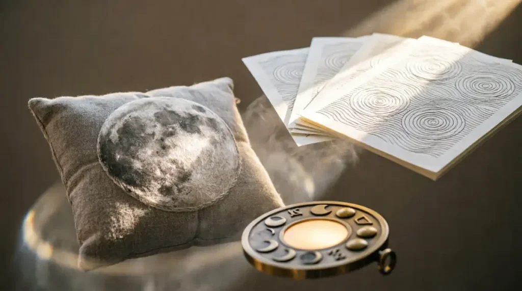 Self-organizing dream journal pages, raised moon embroidery on pillow, steady moon dial glow(AI-generated illustration)