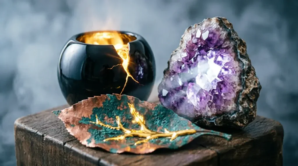 Obsidian vessel with golden overflow, quartz geode with brilliant crystals, copper leaf with glowing veins (AI-generated illustration)