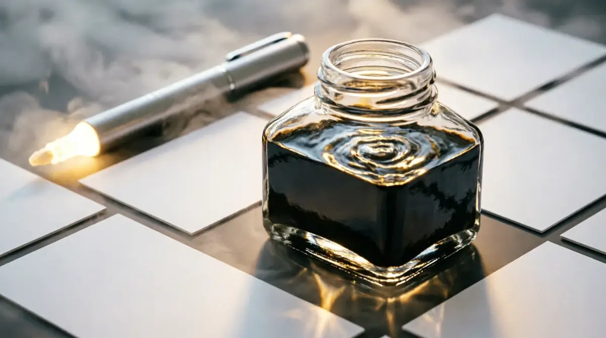 Blank cards forming pattern grid, golden flowing inkwell with reflections and glowing silver highlighter showing three reactions make a pattern (AI-generated illustration)