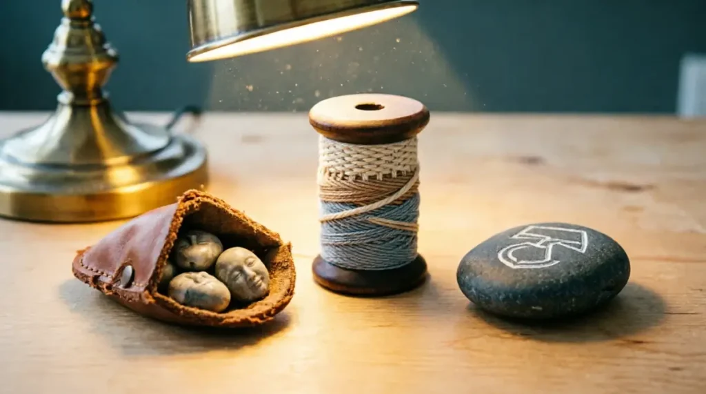 The Best Way to Learn a Language When You Have Little Time 6 Leather pouch with pebbles, wooden spool with woven threads, stone with etched mark under lamplight(AI-generated illustration)