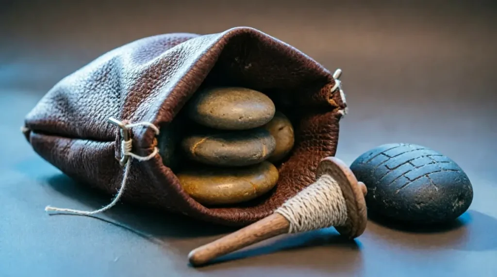 The Best Way to Learn a Language When You Have Little Time 3 Leather pouch with pebbles, wooden spool with weave pattern, stone with etched marks under directional light (AI-generated illustration)