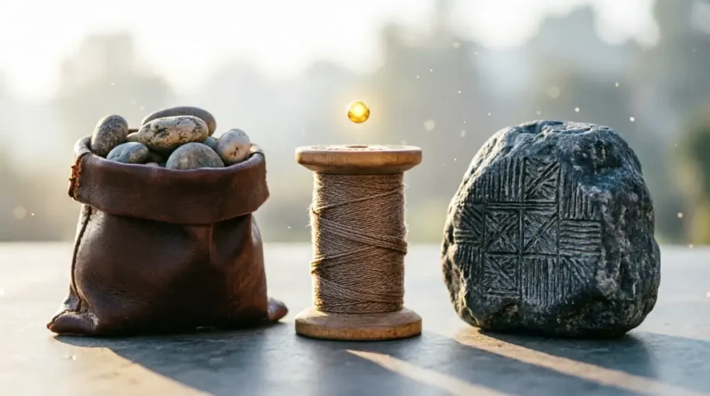 The Best Way to Learn a Language When You Have Little Time 10 Leather pouch with pebbles, wooden spool with threads, stone with marks under morning light with golden spark (AI-generated illustration)
