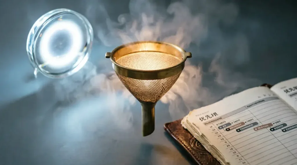 Brass funnel perfect glowing mesh, leather ledger integrated progress structure, glass lens internal luminescence(AI-generated illustration)