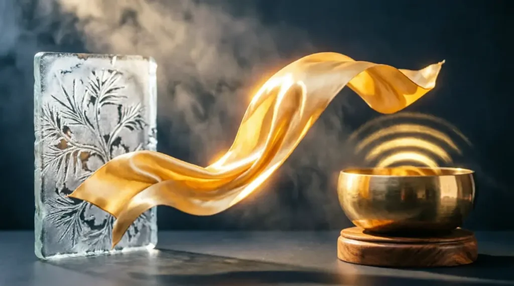 Silk ribbon with golden flow, glass slate with grooves, bronze bowl with resonance (AI-generated illustration)