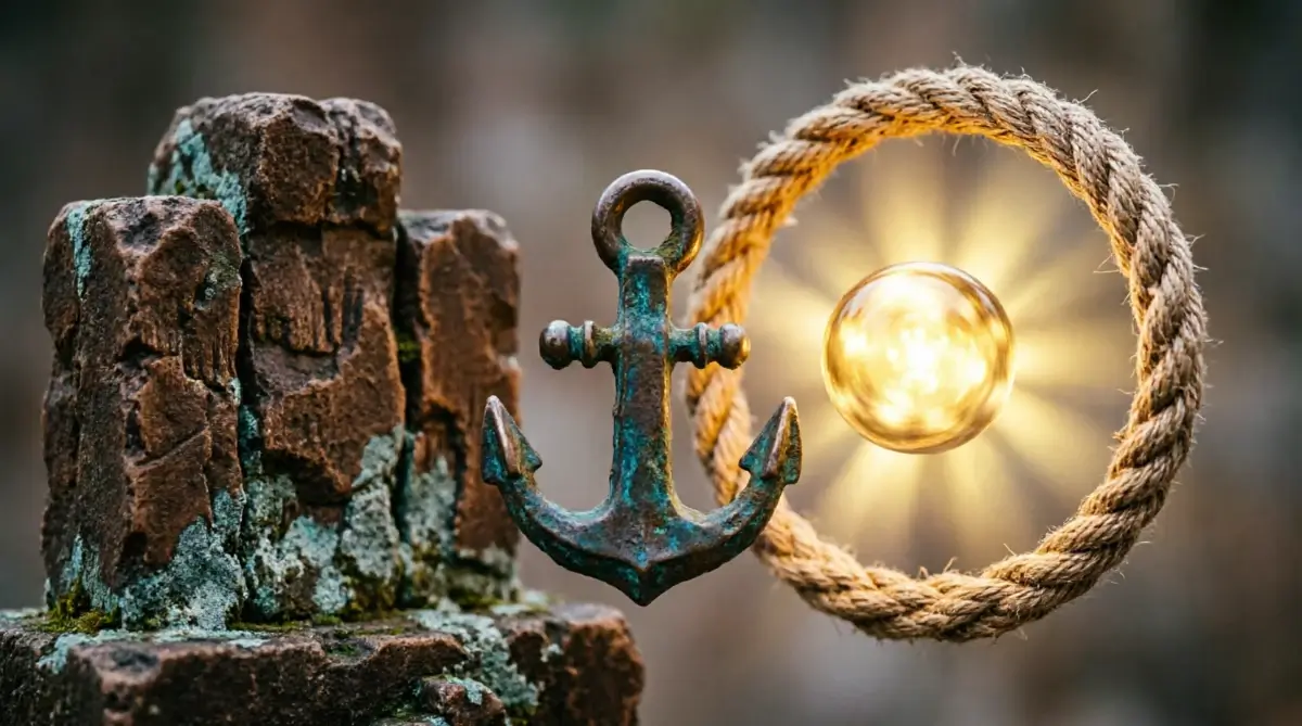 Permanent ledger stone foundation, eternal iron hook anchor, seamless woven cord legacy, golden light(AI-generated illustration)