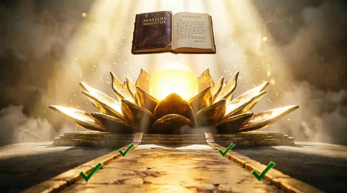 Permanent trailhead, permanent green checkmarks, permanent technical logbook, complete golden mastery structure (AI-generated illustration)