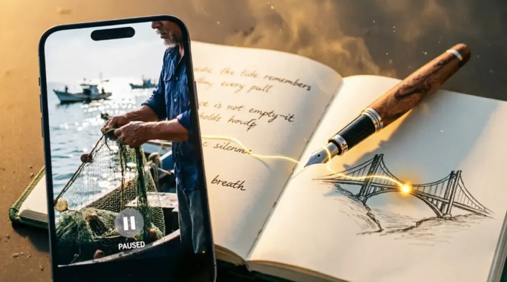Smartphone displaying documentary pause frame with fisherman image, practice notebook with handwritten phrases, pen tip shadow poised above paper (AI-generated illustration)