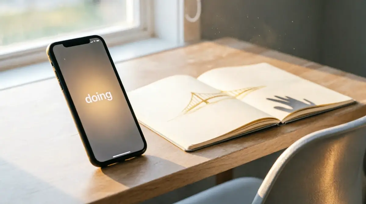 Smartphone displaying "doing" text with inviting glow, practice notebook open to blank page with faint golden bridge trail fading, hand shadow poised to write(AI-generated illustration)