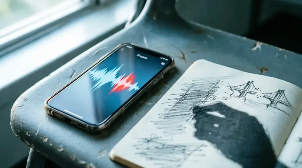 Smartphone displaying frozen voice waveform with red error highlights wave, practice notebook with tense graphite scribbles, faint bridge sketch(AI-generated illustration)