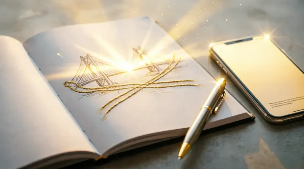 Smartphone displaying conversation transcript with structure highlighted and light, faint golden bridge span in margin (AI-generated illustration)