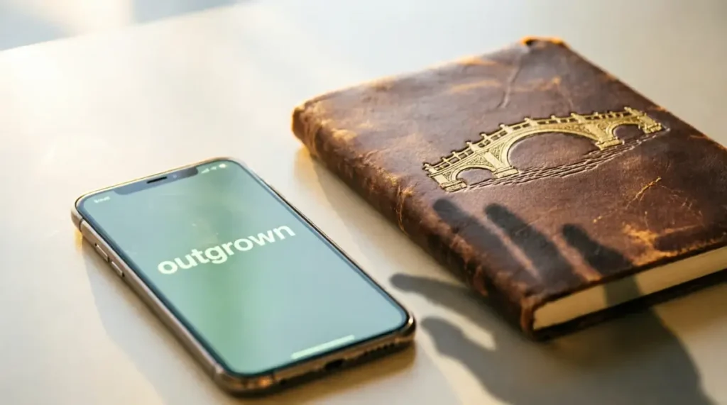 Smartphone displaying "outgrown" text with soft green glow, practice notebook closed with golden bridge span on cover, hand shadow(AI-generated illustration)