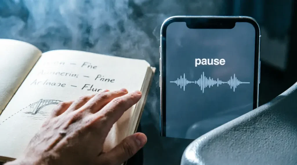 Smartphone dimmed with "pause" text and flattening waveform, practice notebook showing breath marks,hand(AI-generated illustration)