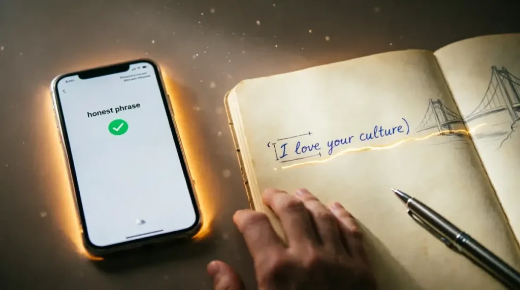 Smartphone displaying voice assistant with green checkmarks and "guidance" text, practice notebook with handwritten "I love your culture", faint golden bridge thread in margin (AI-generated illustration)