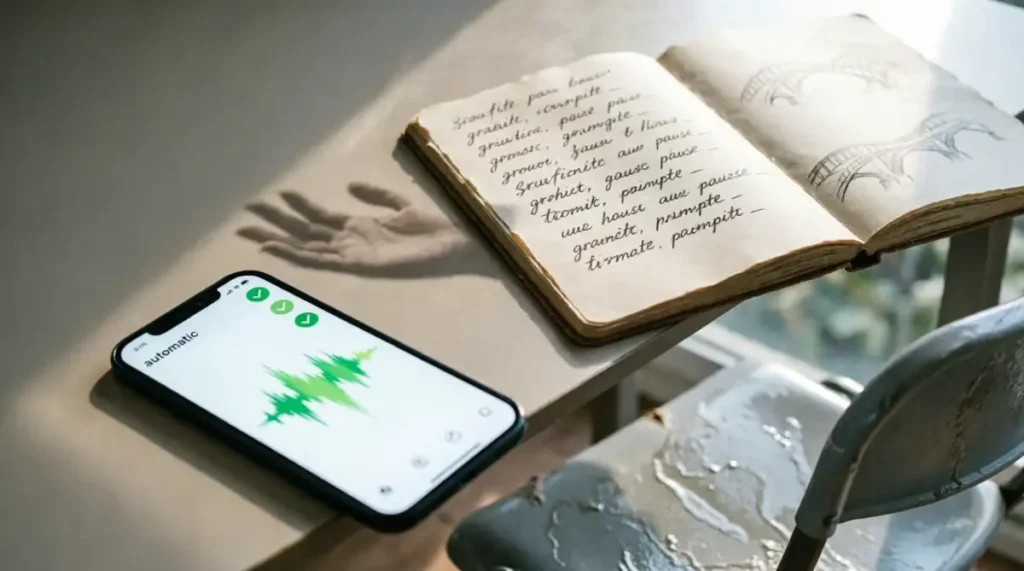 Smartphone displaying expanding voice waveform with green checkmarks and "automatic" text, practice notebook with hand shadow showing relaxed posture (AI-generated illustration)