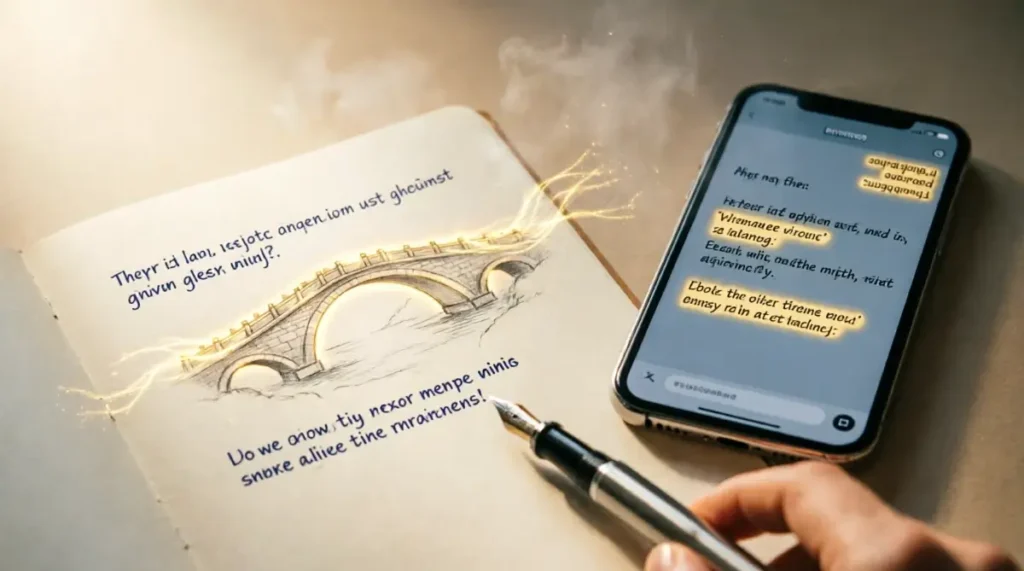 Smartphone glowing golden with integrated practice interface and "weave" text, practice notebook showing three strands woven with golden ink, fully bridge(AI-generated illustration)