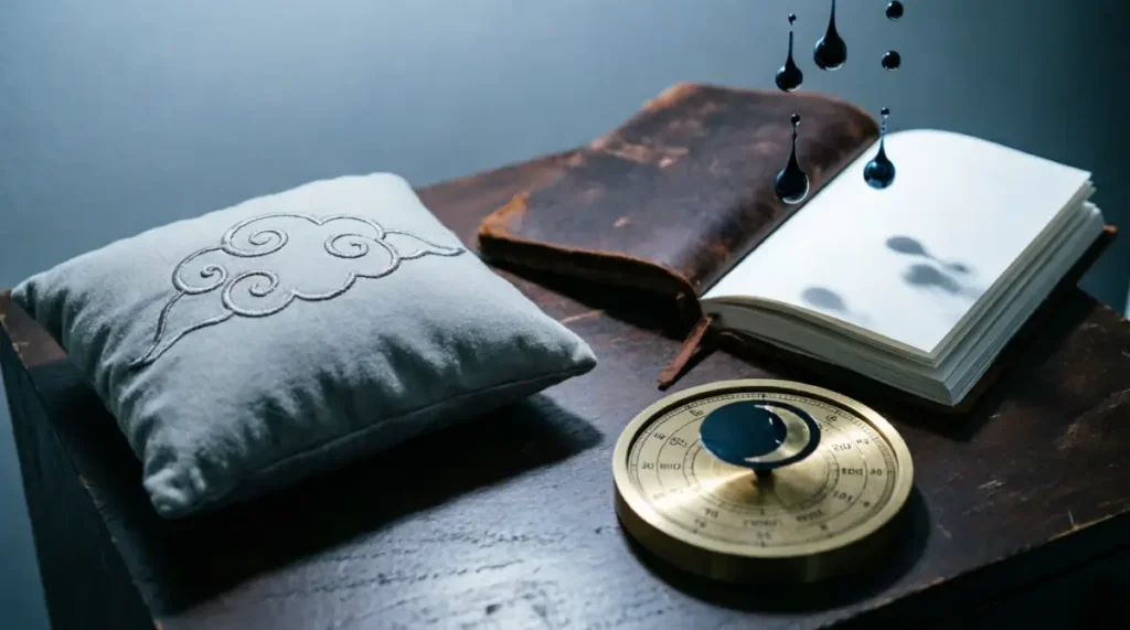Flat memory pillow, blank dream journal pages, new moon phase dial on dark wood(AI-generated illustration)