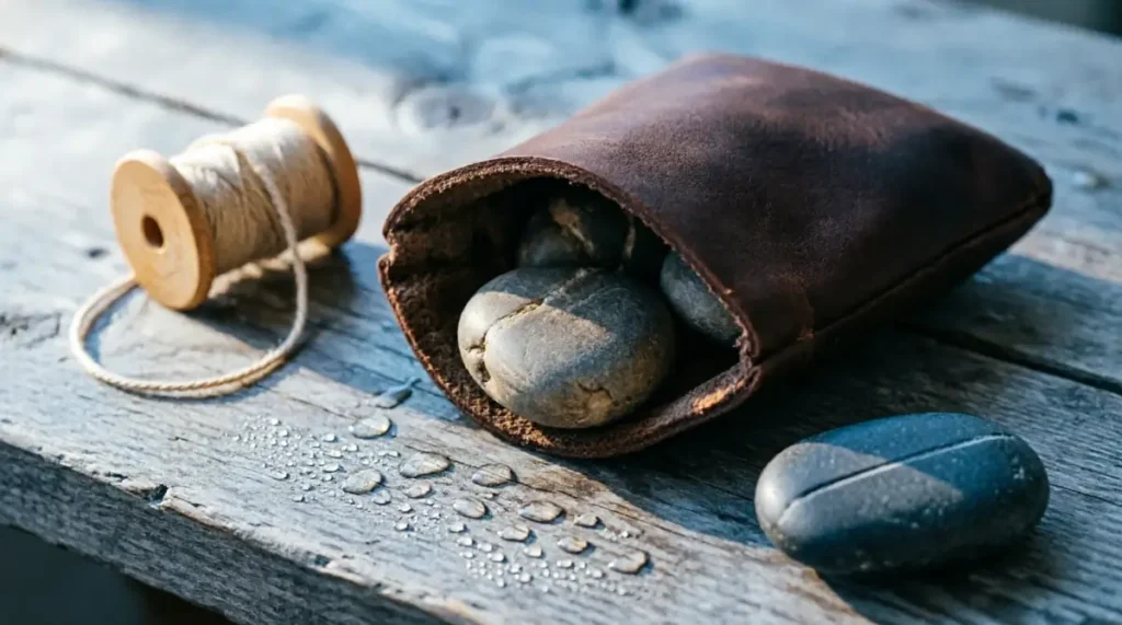 The Best Way to Learn a Language When You Have Little Time 2 Leather pouch with condensation and pebbles, wooden spool with loose thread, stone with etched mark under pre-dawn light (AI-generated illustration)