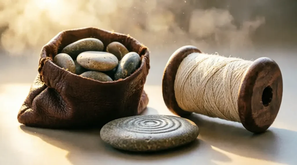 The Best Way to Learn a Language When You Have Little Time 8 Leather pouch with pebbles, wooden spool with thread pattern, stone with ripple texture under golden light (AI-generated illustration)