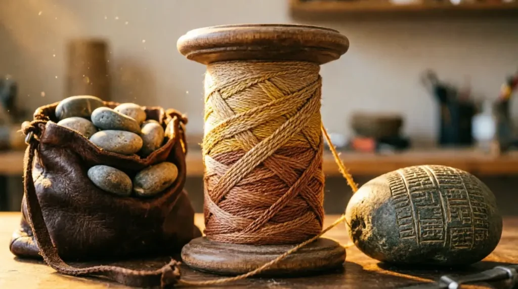 The Best Way to Learn a Language When You Have Little Time 4 Leather pouch with pebbles, wooden spool with thread pattern, stone with etched marks under warm workshop light (AI-generated illustration)