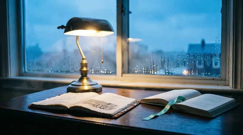Brass banker's lamp illuminating two open blank notebooks with ribbon bookmark on wooden desk, pre-dawn blue light through(AI-generated illustration)