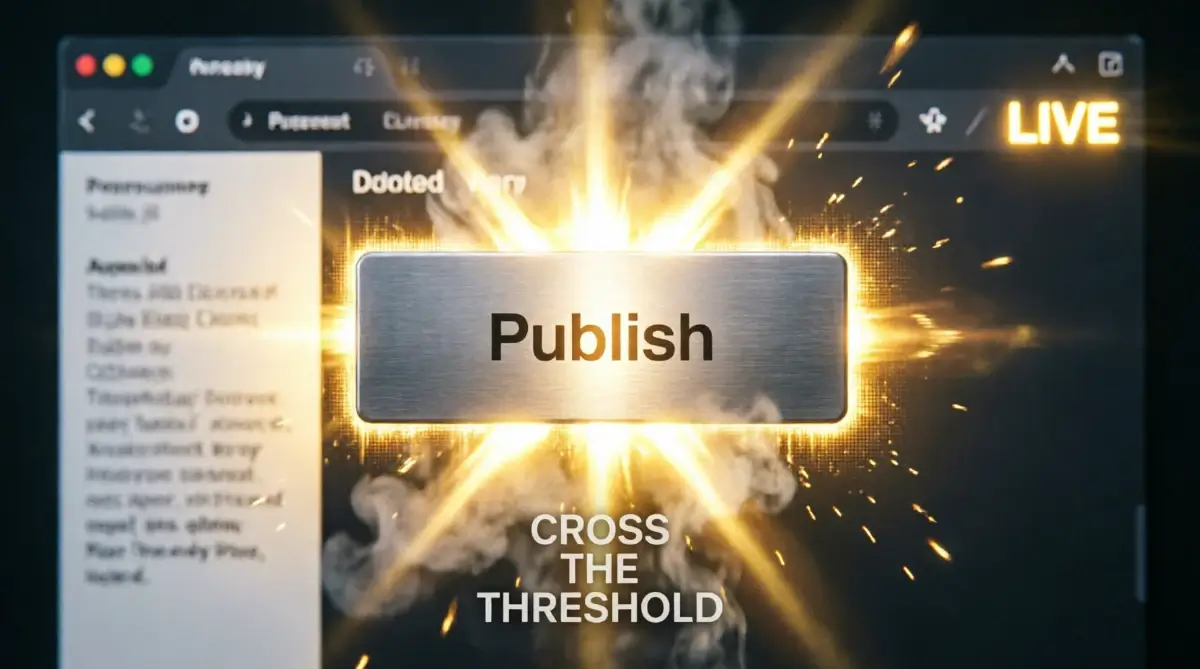 Write and Publish Your First Blog Post When You’re Nervous with volumetric golden light and Post Status Indicator blazing LIVE(AI-generated illustration)