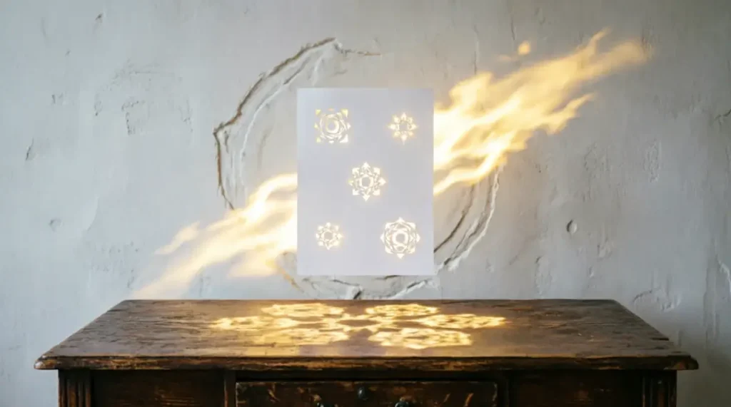 Abstract mark on wall transforming into pulsing golden streak, floating pape,golden desk glow (AI-generated illustration)