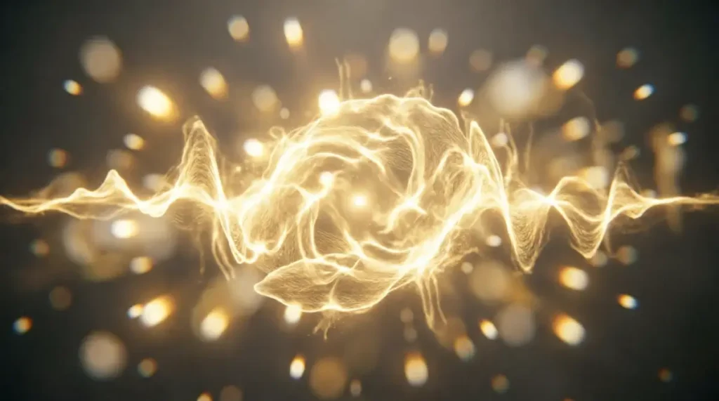 pure golden light, plaster wall with organic golden waves, organic collarbone vibration waves (AI-generated illustration)