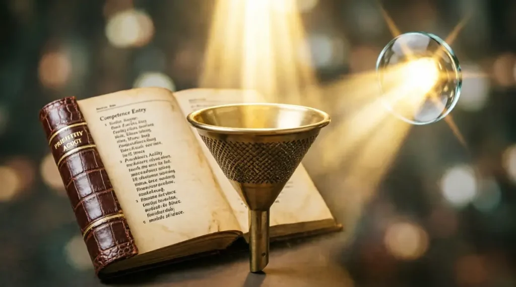 Brass funnel quiet mesh pattern, leather ledger competence entries, glass lens golden glow(AI-generated illustration)
