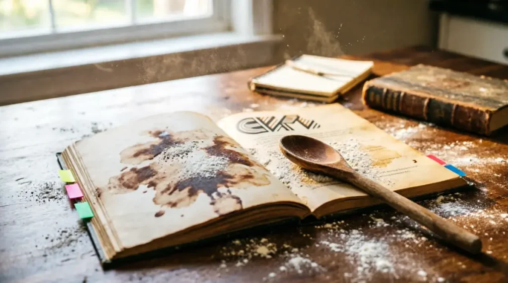 Open blank recipe book with colorful tabs and wooden spoon on flour-dusted wooden kitchen table, closed books(AI-generated illustration)