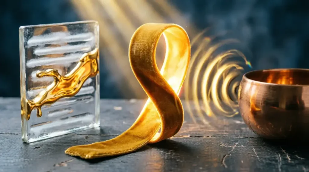 Silk ribbon with golden curves, glass slate with grooves, bronze bowl with reverse waves (AI-generated illustration)