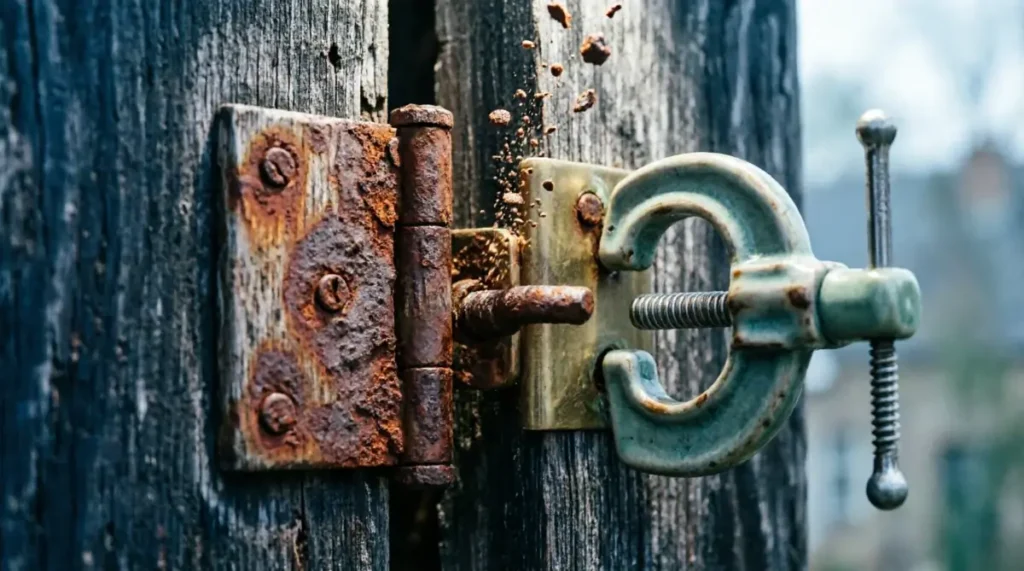 Rusty hinge, closed shutter, and pressure clamp on dark wood showing friction and resistance before discipline system activation (AI-generated illustration)